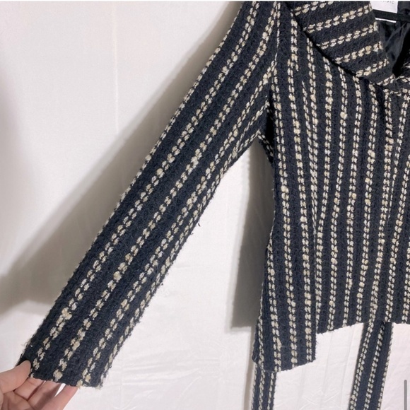 Zara Basic Black Cream Striped Textured Knit Bubble Collar Belted Jacket M - Picture 12 of 16